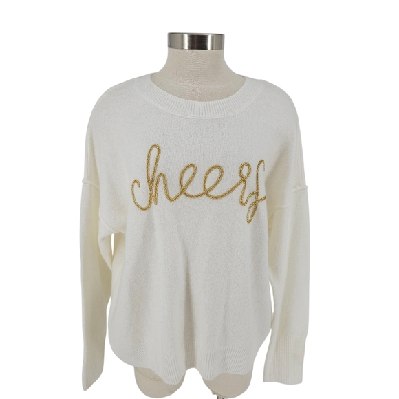Vince Camuto Sweaters - Vince Camuto Holiday Sweater Ivory Beaded Cheers Long Sleeve Knit Pullover Large